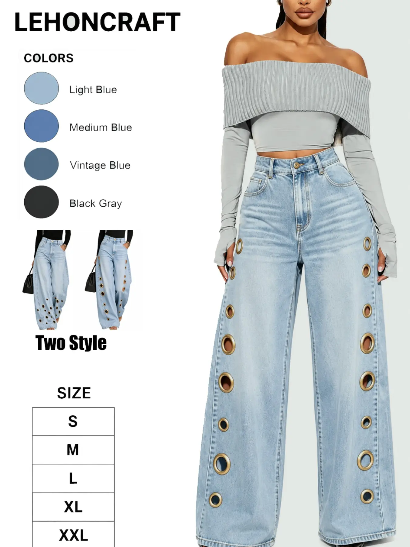 2026 Spring Summer all season New Metal Asymmetrical Eyelet Women's Solid Color Loose Fit Jeans