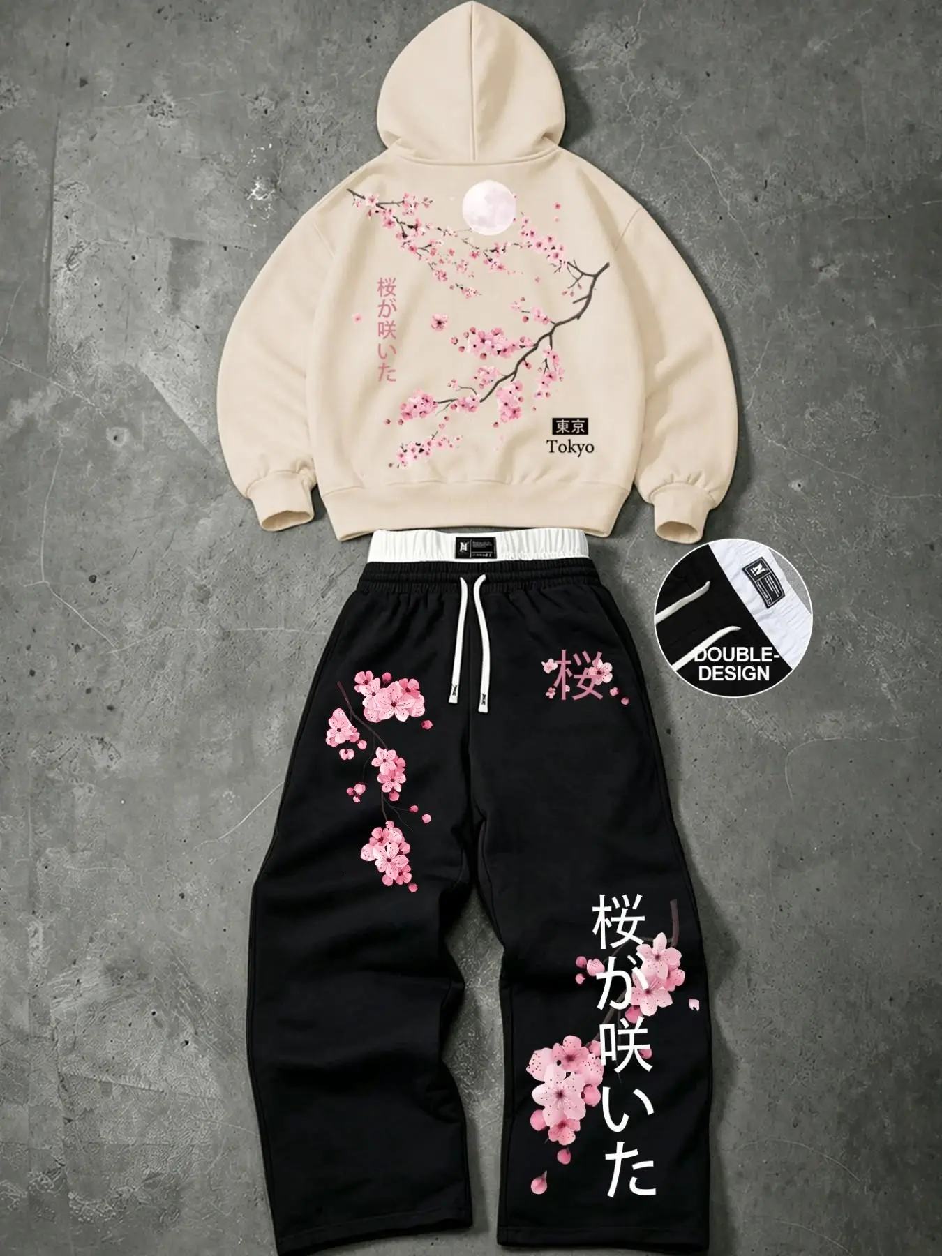 Y2K Floral Cherry Blossom Hoodie Set, 2 Piece Oversized Baggy Sweatpants, Streetwear Athleisure, Casual Daily Wear for Men Women