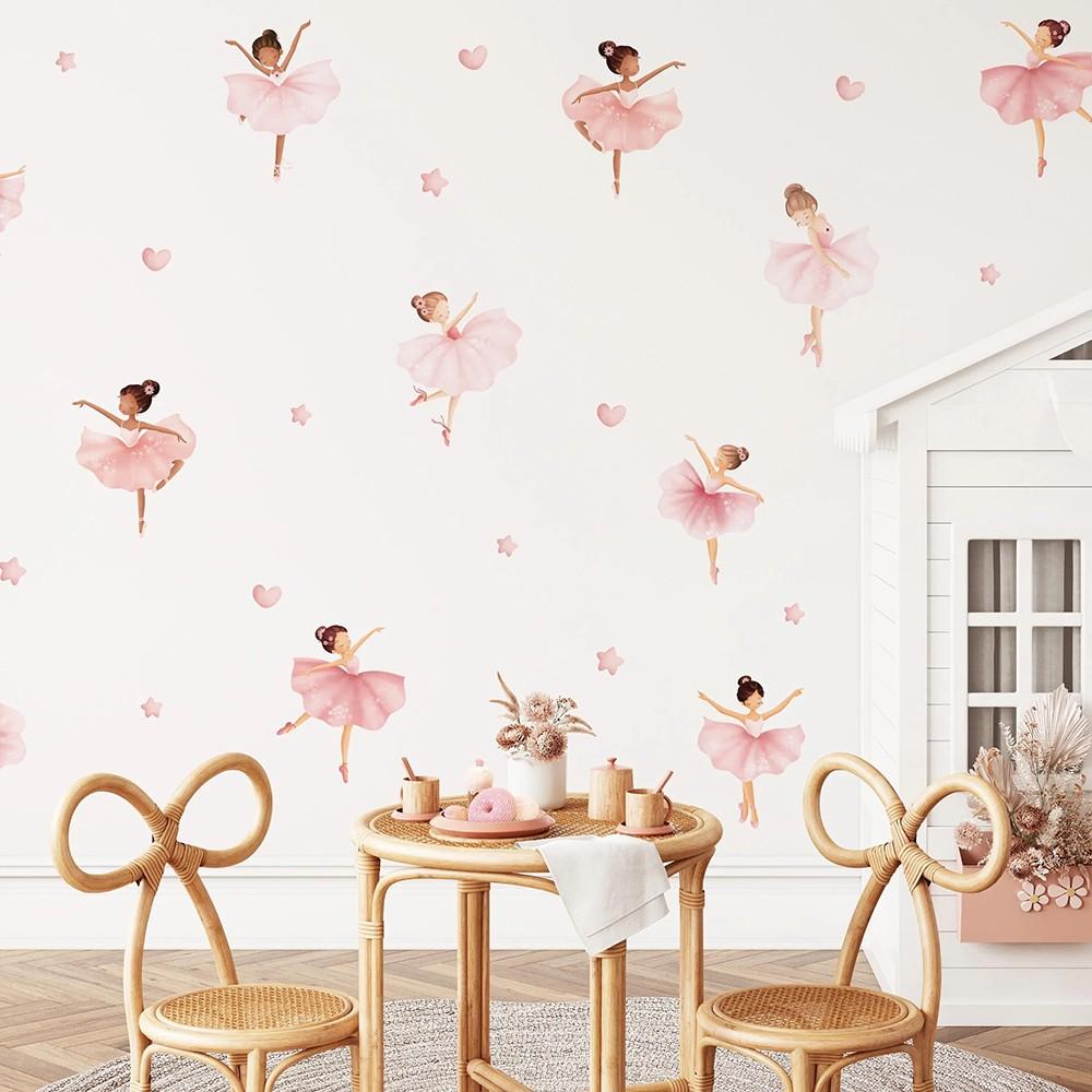 Watercolor Ballerina Fairy  Wall Stickers Heart Star Dancer Wall Decals Bedroom Living Room Decor