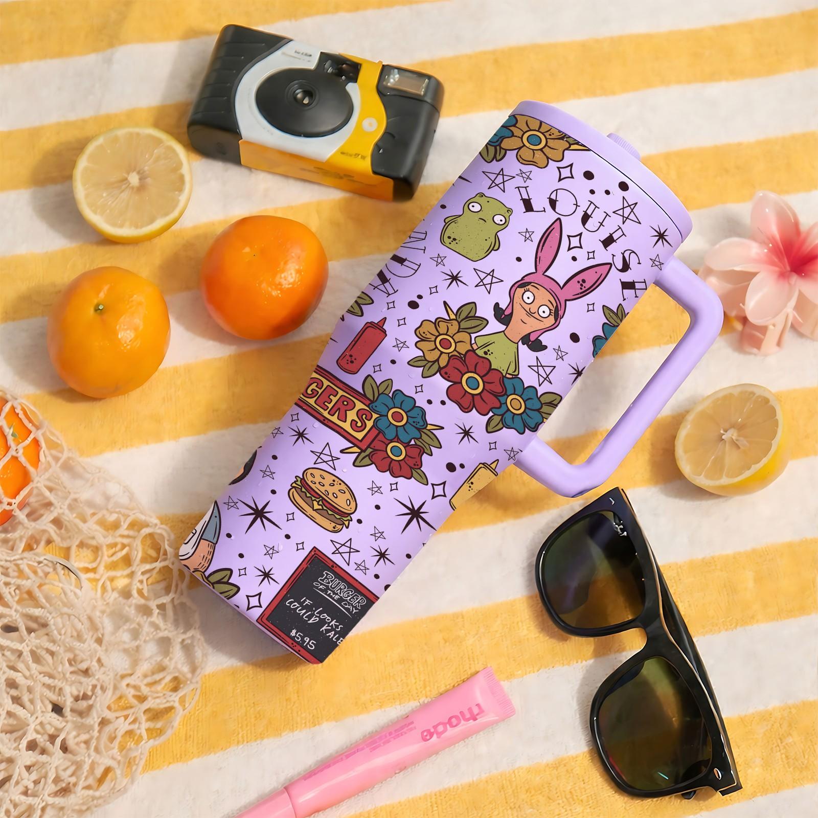 1 PC 40oz Leakproof Insulated Tumbler With Handle And Lid, Double Wall Stainless Steel Travel Mug, Leak Proof, Keeps Drinks Hot 12H Cold 24H, Cartoon Burger Family Print Cup, Large Capacity Thermal Mug, Flasks For Iced Coffee, Water, Gifts For Women Men