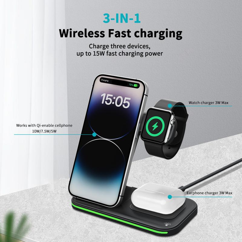 Folding 3-in-1 Wireless Charging Station 15W Fast Charger for IPhone 16-11, IWatch Ultra10-2/SE, AirPods 4-2/Pro, and Qi-compatible phones