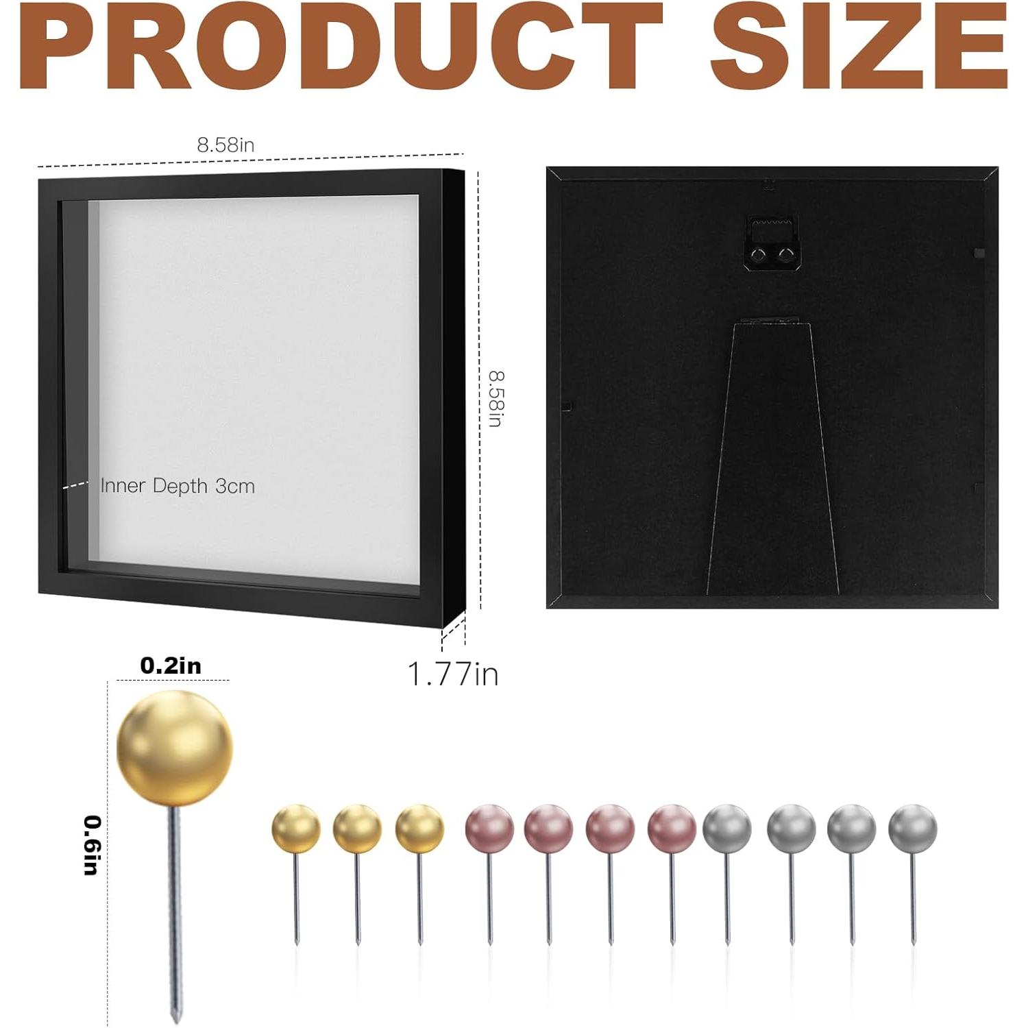 8x8 Shadow Box, Shadow Box Frame with Soft Linen  - Push 12 count Pins Included,  Picture Display Cases Box , Tickets, Souvenirs, Photographs, Handicrafts (Black)