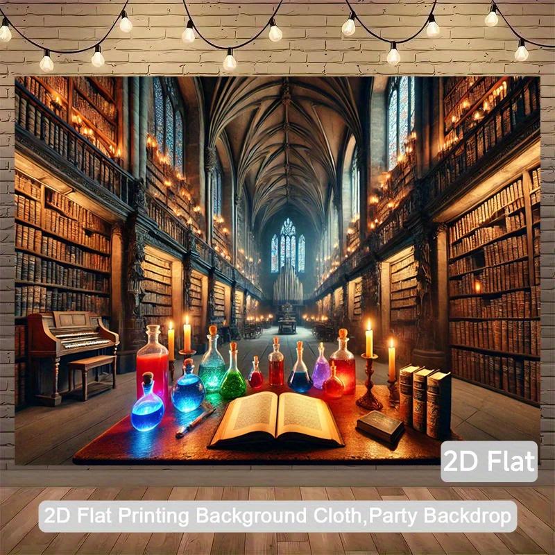 2D Flat, 1pc Magical Library 2D Flat Banner - Gothic Library Backdrop with Bookshelves, Candles & Mystical Decor - Durable Polyester Party Decoration for Birthday, Anniversary, Photo Studio - Indoor/outdoor Use, Library Decor, Indoor Outdoor Decor