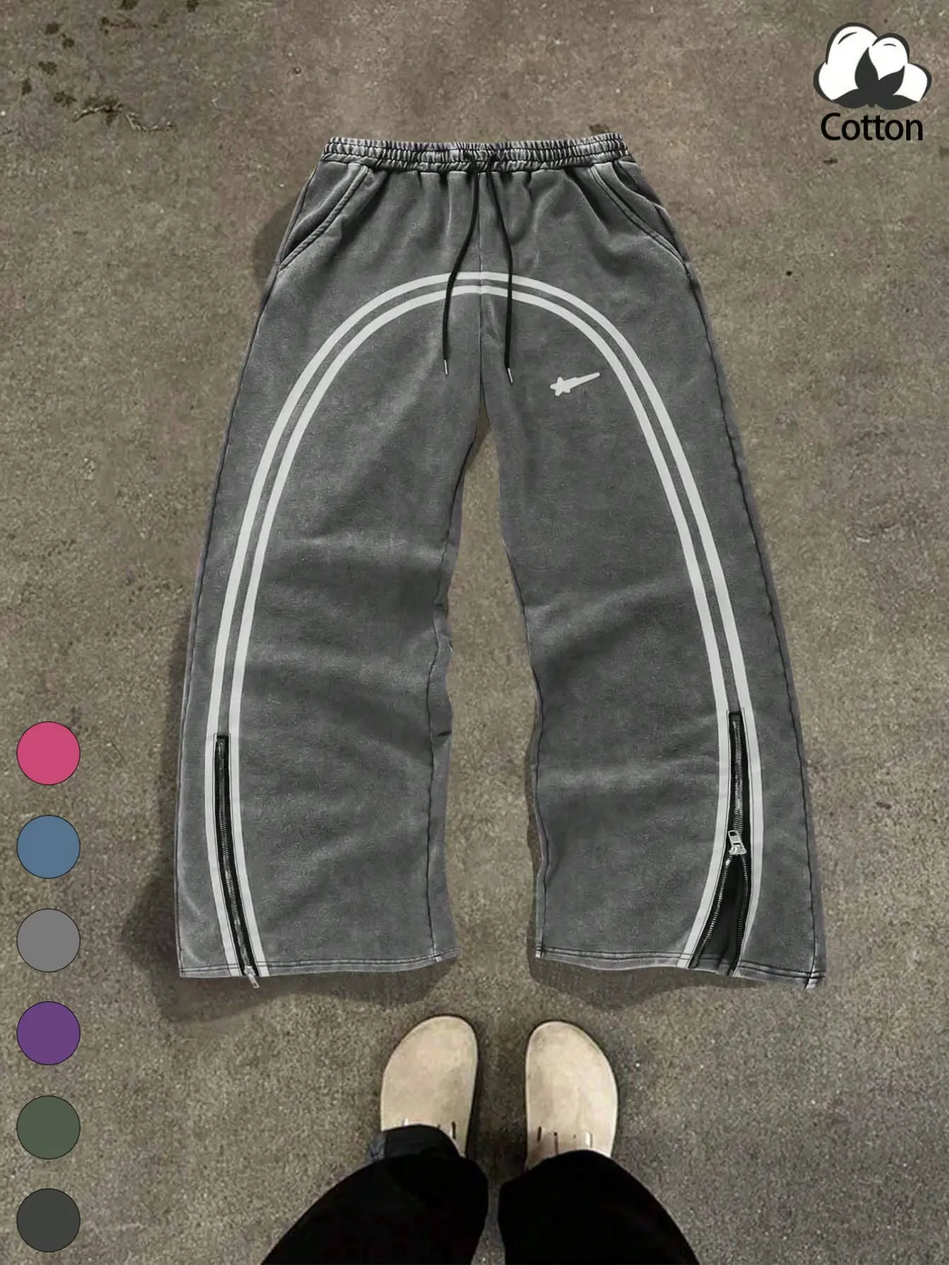 Unisex Vintage Washed Cotton Wide Leg Sweatpants, Dual Stripe Side Split Zipper Ankle, Drawstring Waist, Y2K Street Style, Skateboarding Daily Wear