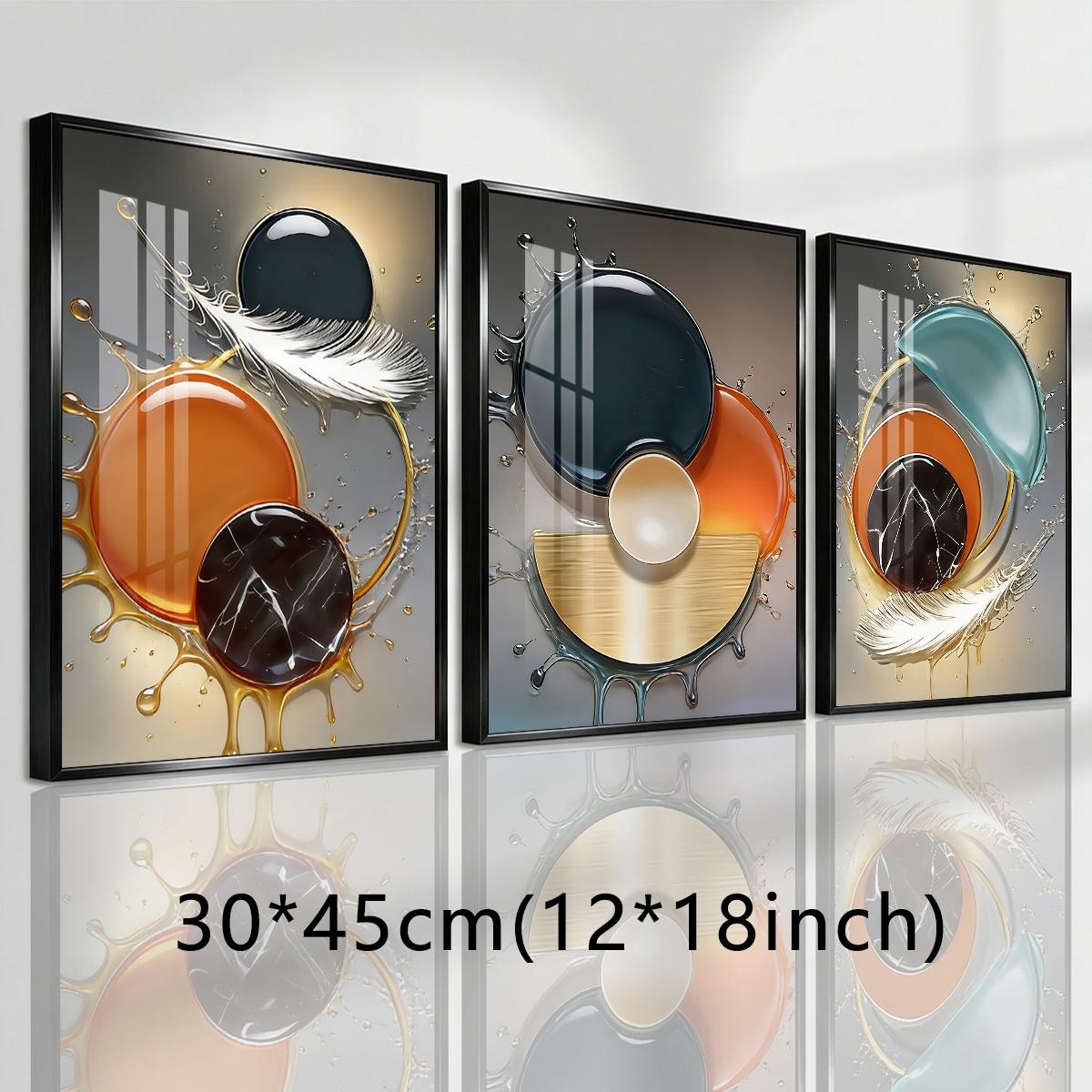 3 Counts Aluminum Alloy Framed Painting, Abstract Color Liquid Splash And Feather Art, Home Decoration For Living Room, Bedroom, Office, Restaurant, Hallway Wall Decor, Odorless Print Artwork, Luxury Perfect Gift For Friends And Family