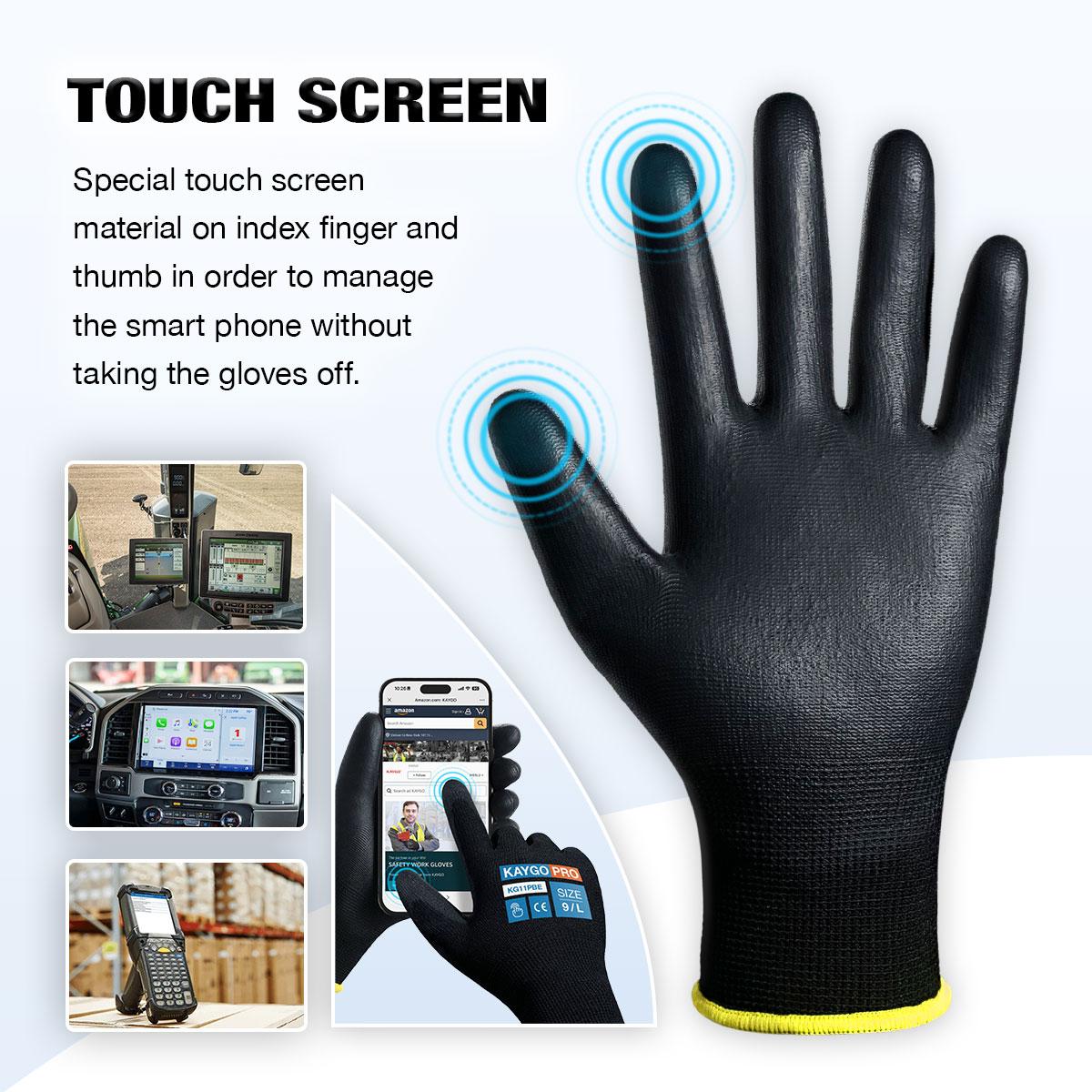 Outdoor Activity Gloves. KAYGO Safety Work Gloves PU Coated for Men and Women- KG11PB,12 Pairs,Seamless Knit Glove with Two Fingers Touchscreen,Ideal for General Duty Work (Large,Black)