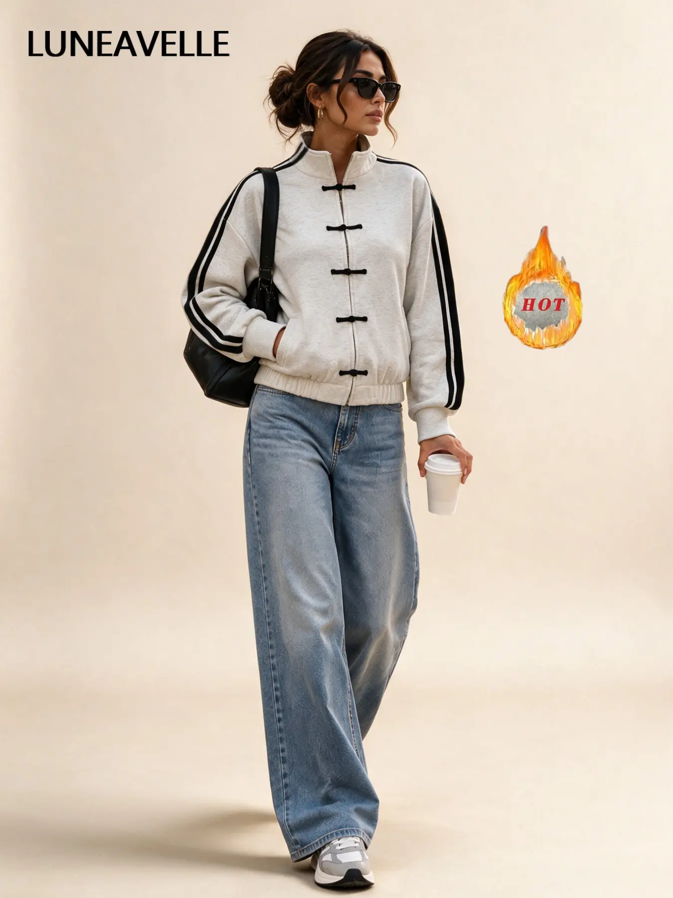 Women's Chinese-Inspired Track Jacket, Stand Collar Long Sleeve Casual Jacket with Frog Button Details, Contrast Striped Sleeves and Relaxed Fit, Trendy Streetwear Outerwear for Fall & Spring, Fleece Lining