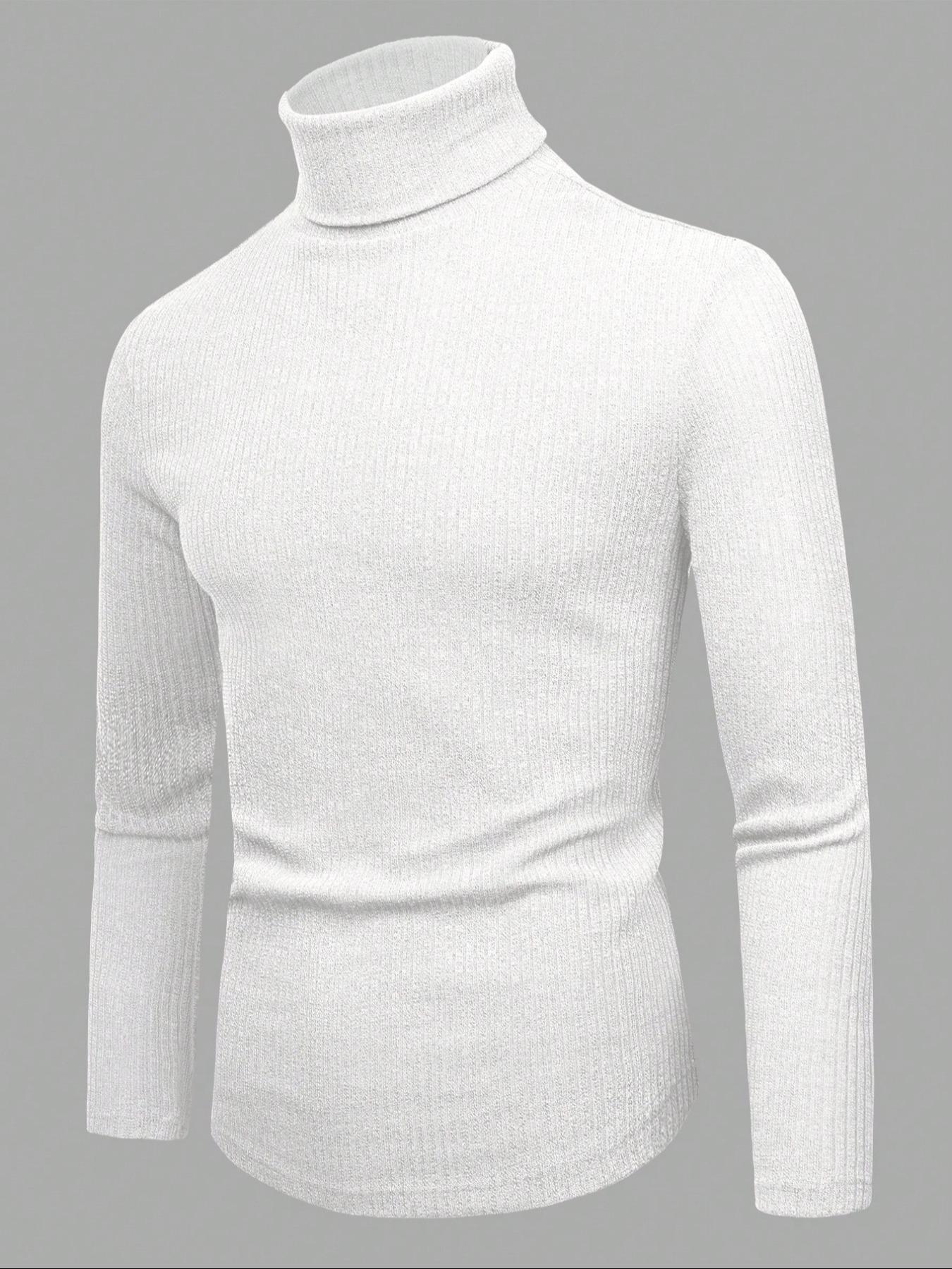 Men's High Neck Pullover Sweater Knitwear, Solid Color Striped Long Sleeve T-Shirt, Casual Fitted Fit for Fall & Winter Seasons