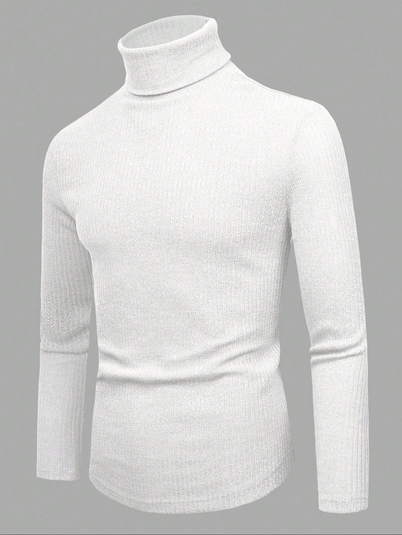 Men's High Neck Pullover Sweater, Solid Color Striped Long Sleeve T-Shirt, Casual Fitted Fit for Fall & Winter Seasons