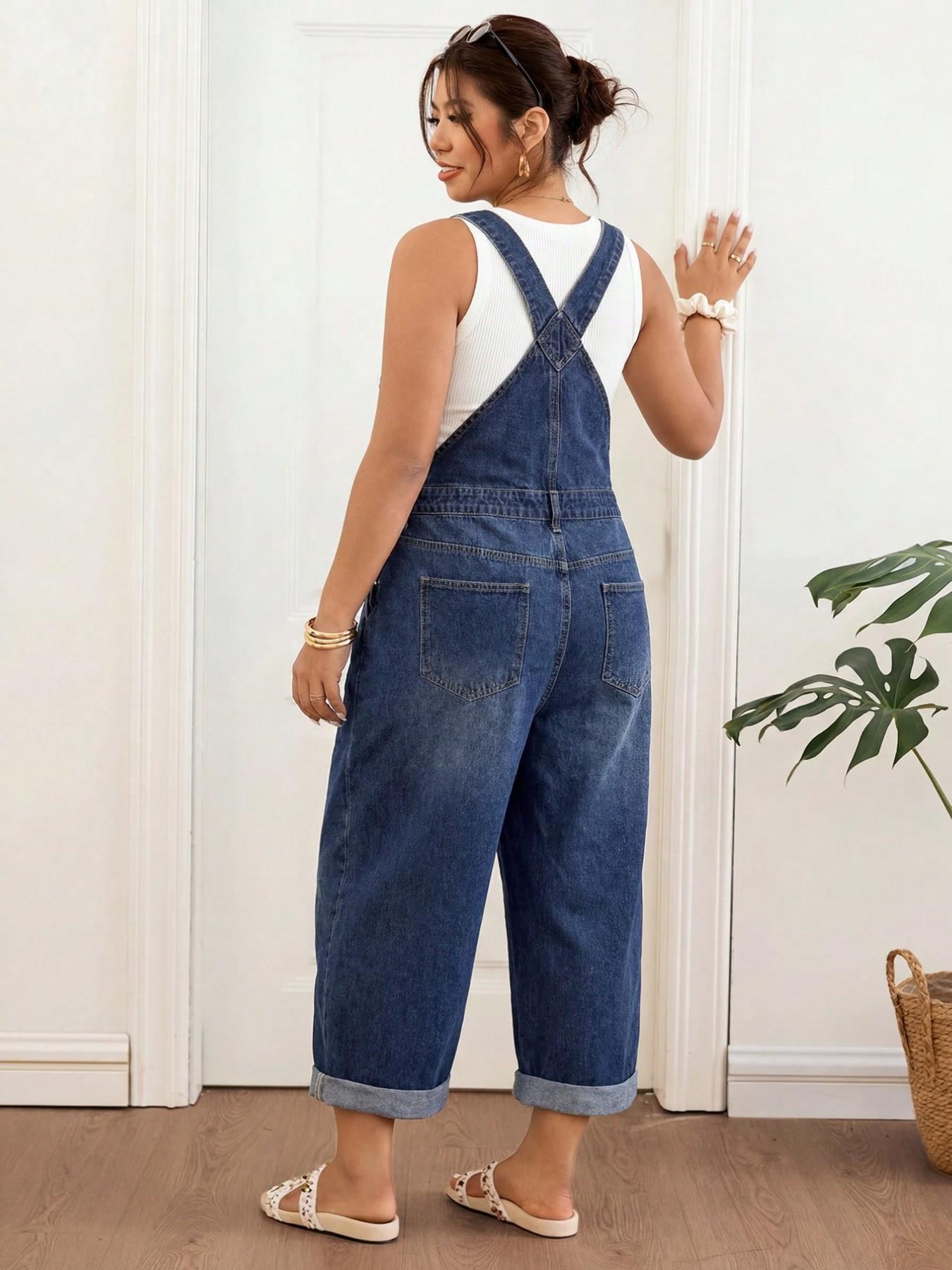 Plus Size Dark Wash Denim Capri Overalls, Side Button Detail Cuffed Raw Hem Loose Wide Leg Cropped Jumpsuit,Summer,Fall,Halloween,Back To School,Beach,Casual