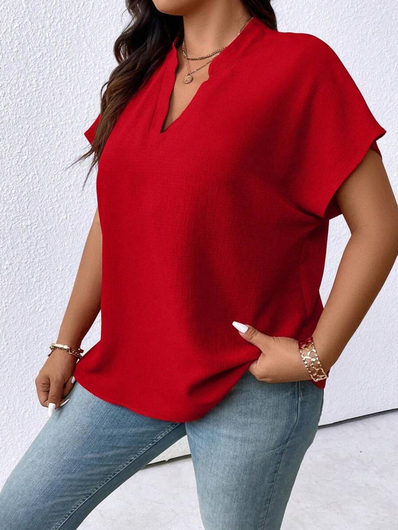 Plus Size Women's Solid Color V-Neck Batwing Sleeve Short Sleeve Casual Loose Fit Top, Comfortable and Stylish Everyday Wear