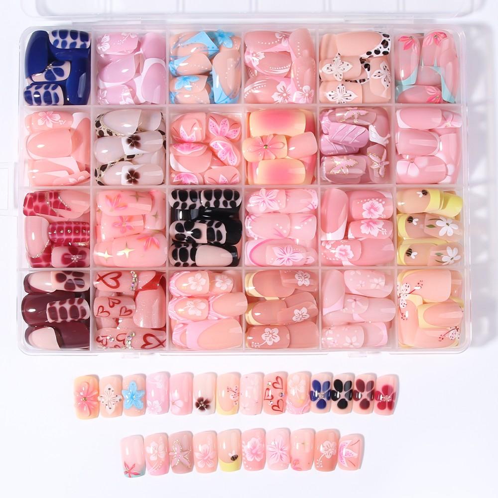 576pcs Short Square French Press-On Decorative Nails, 3D Gel Flower Peony Nail Art with Polka-Dot and Leopard Patterns, Acrylic False Nail Set