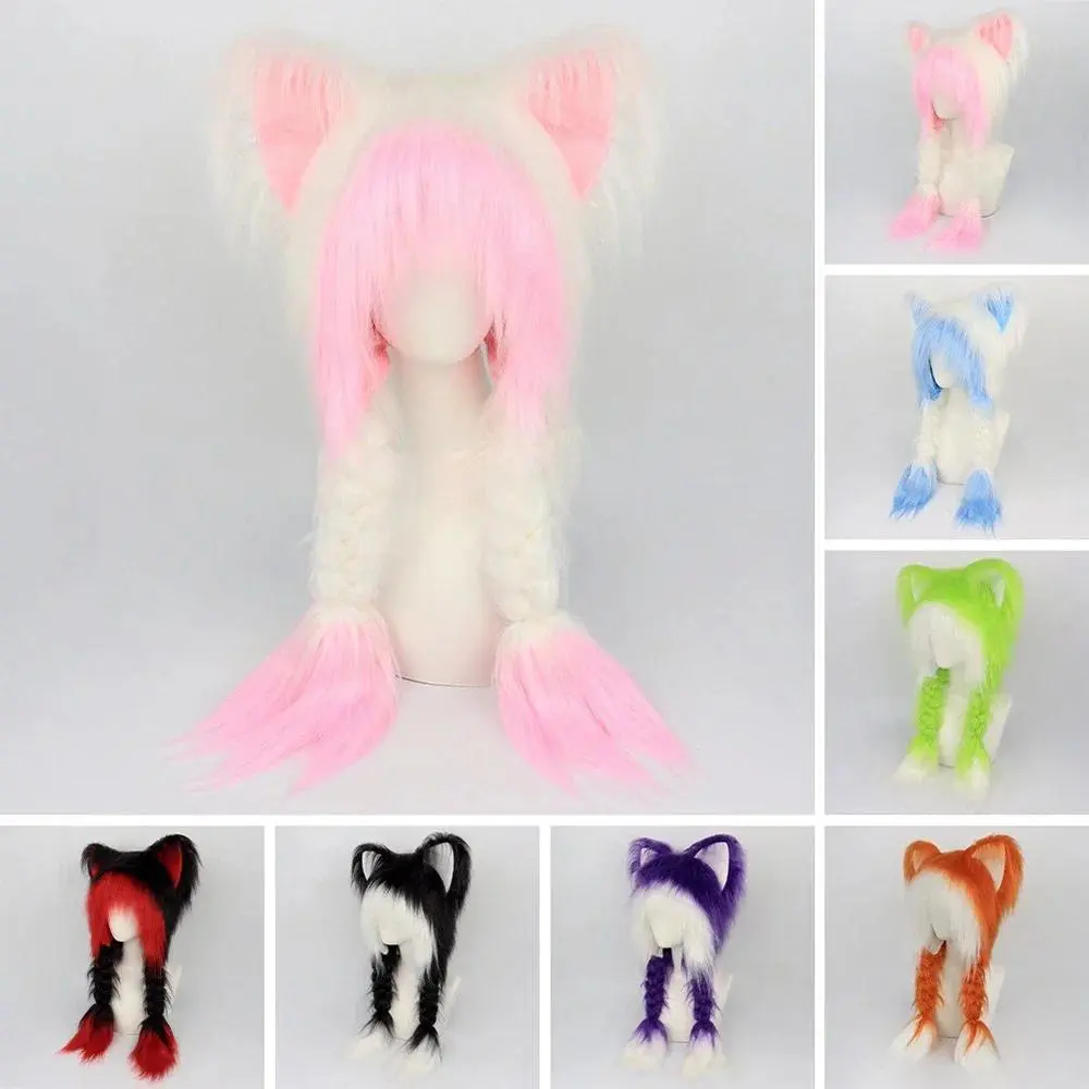 2026 New hot item Y2K Cat Ears Hat Kawaii Long Plush Fox Ear Double Braid Fashion Versatile Anime Fall and Winter Cap Halloween Dress Up Headwears