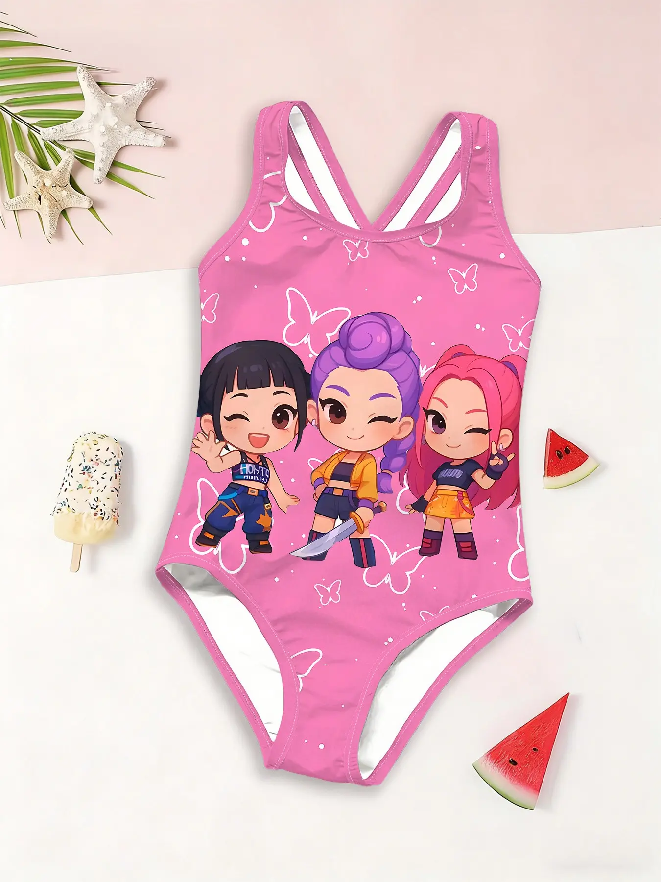 Girls' One-Piece Swimsuit, Bright Butterfly Cartoon Print, Cross-Back Straps, Casual Loose-Fit, All Seasons, Beach & Poolwear