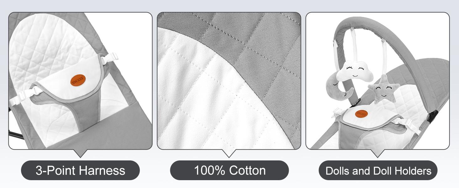 Baby Bouncer, Portable Baby Bouncer Seat for Babies 4-18 Months, 100% Cotton Fabrics, 3 Modes of use with Rocker and Stationary Options, Infant Rocker Chair with Hanging Toys-Light Grey Swing Set Swing Trainer