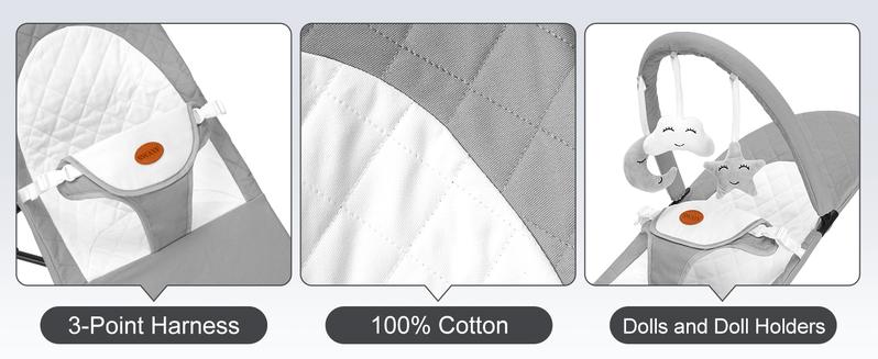 Baby Bouncer, Portable Baby Bouncer Seat for Babies 4-18 Months, 100% Cotton Fabrics, 3 Modes of use with Rocker and Stationary Options, Infant Rocker Chair with Hanging Toys-Light Grey Swing Set Swing Trainer