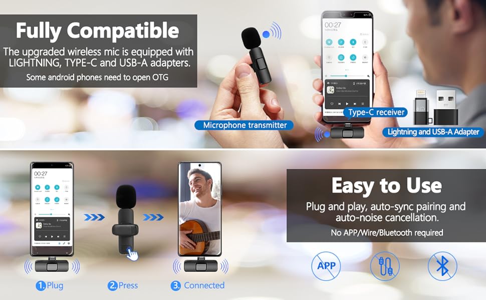 Wireless  Microphone for iPhone/Android Phone/Laptop, Plug-Play Clip on Lapel Mic with Auto Noise Reduction for Video Recording, Live Broadcast, Interview, TikTok, YouTube (2 Mics)
