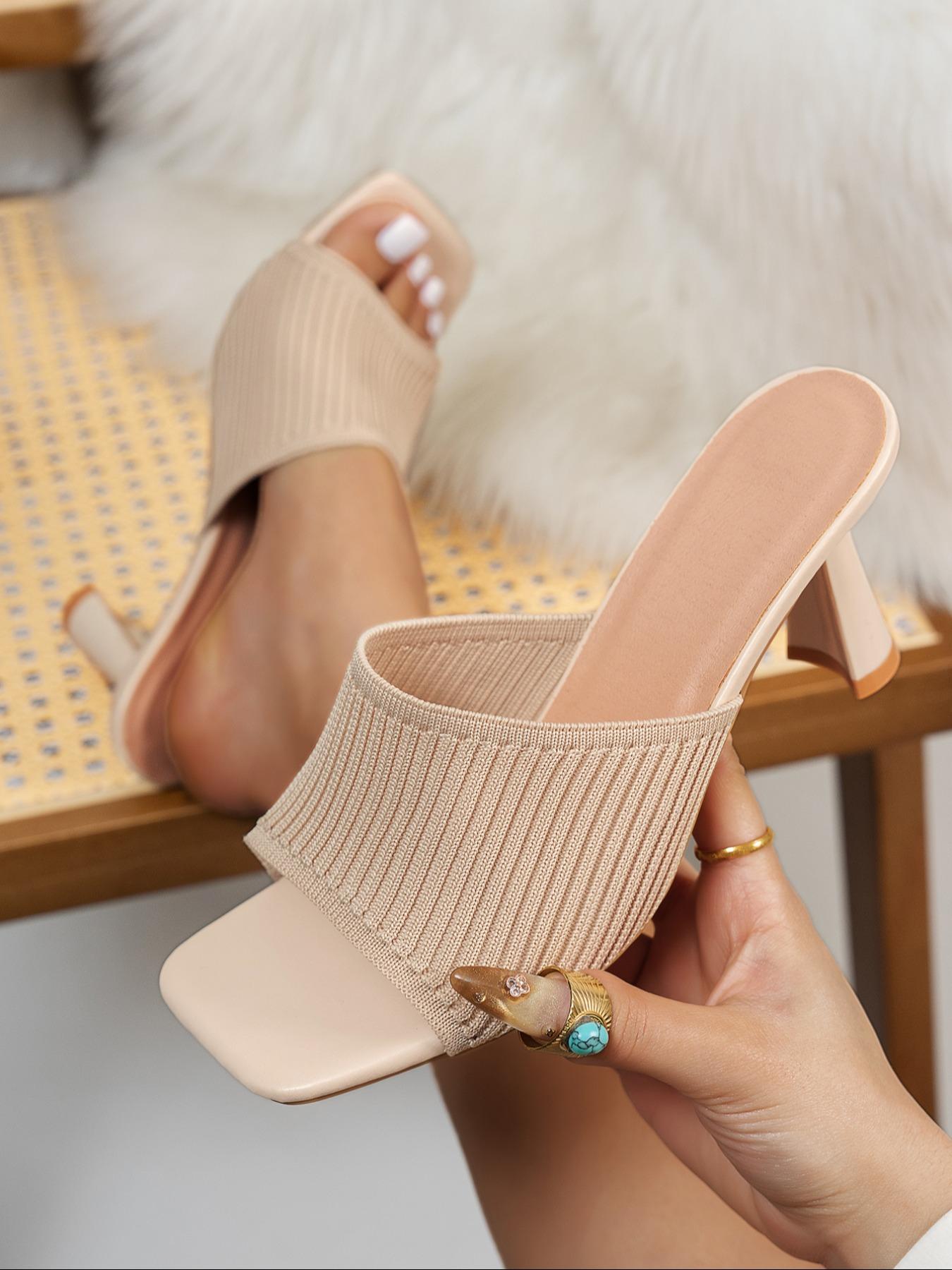 Women's Solid Color Knitted Design Stiletto Sandals, Trendy Sandals, Fashionable Beige Open Toe High Heel Sandals for Summer, Lightweight Breathable Comfortable Shoes for Daily Wear, Girl, Chic Summer Footwear