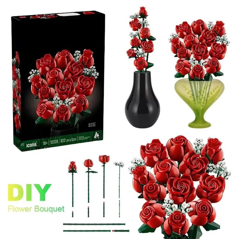 789pcs Pink Rose Bouquet 10374 Building Blocks Sets Red Rose Artificial Flower Bouquet Suitable for Christmas Gifts for Girlfriend Valentine's Day Gifts
