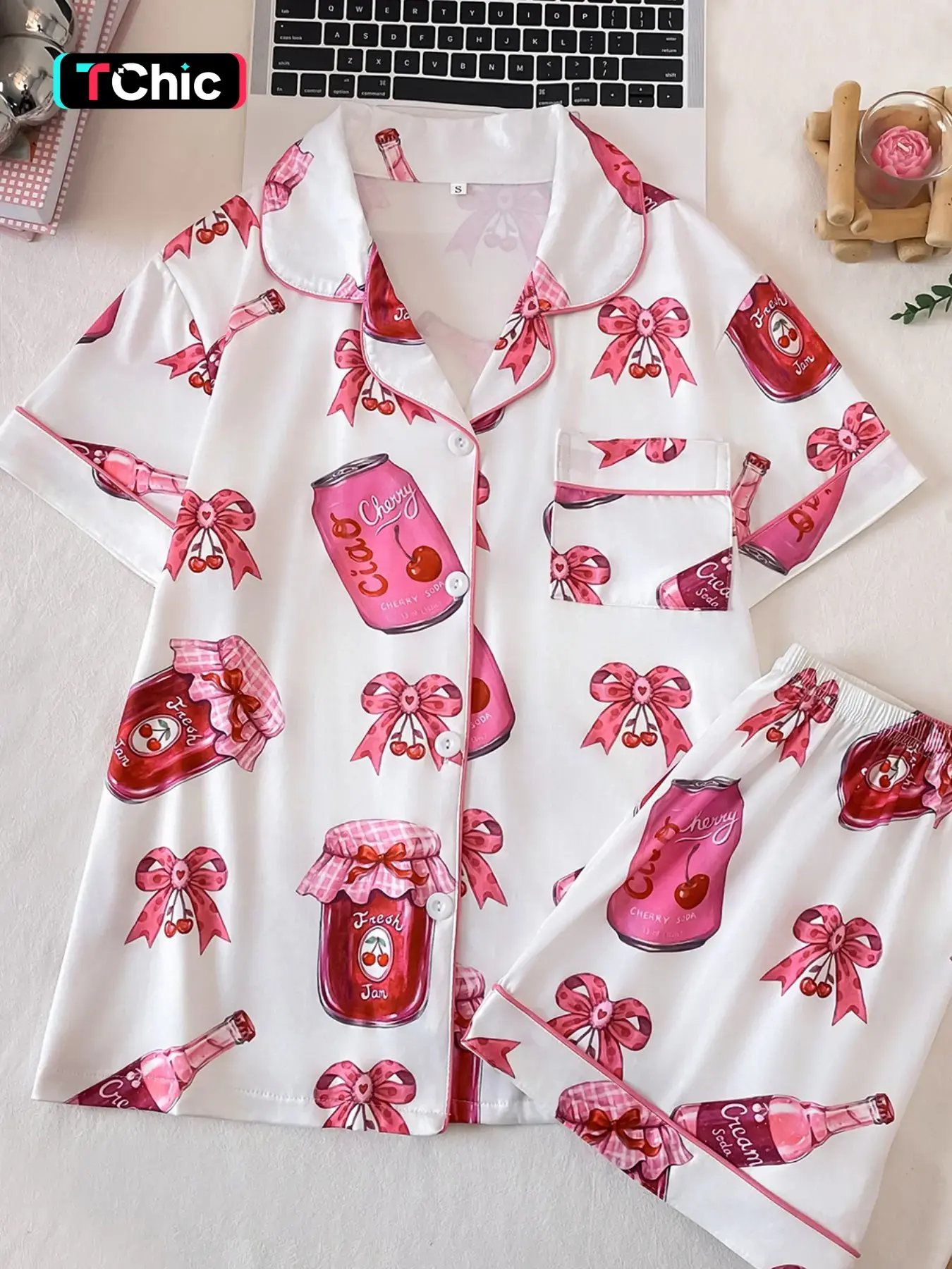 Women's 2-Piece Cherry Drink Bow Full Print Pajama Set, Collared Button Short Sleeve Top and Loose Comfortable Shorts, Sweet Sleepwear Pjs, Loungewear