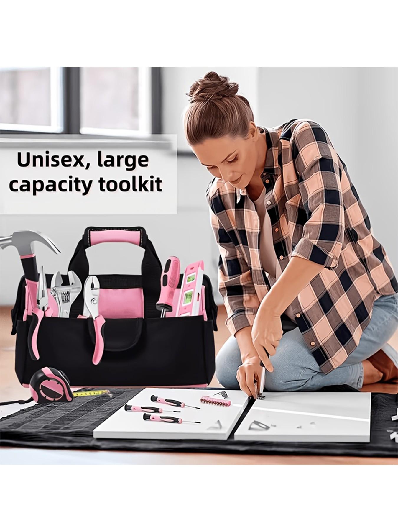 1pc Pink tool kit featuring a zipper-style wide opening design, made of polyester fabric for durability. (Tools not included)