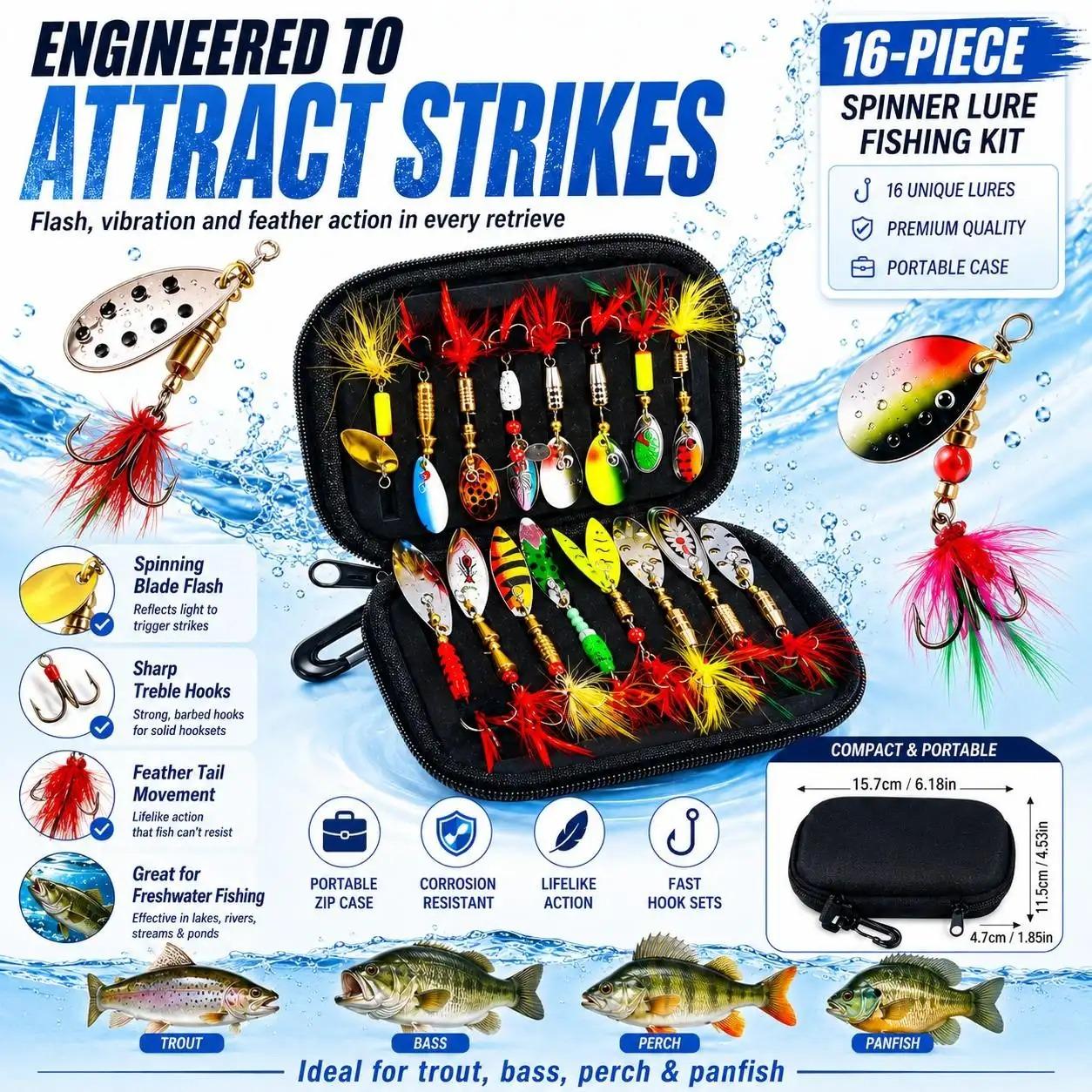 16pcs Fishing Spinner Lure Set with Storage Bag, Spoon Baits for Bass & Trout, Portable Fishing Tackle Kit, Ideal for Anglers