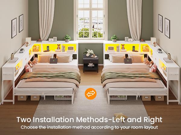 Hasuit Corner Twin Bed Frame with Storage Drawers and Bookcase Headboard, Twin Size Metal Platform Corner Bed Frame with Charging Station and LED Lights, Twin Daybed for Kids Teens Guests