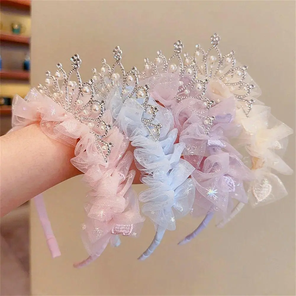 Girl's Sweet Princess Mesh Pearl Crown Headband - 1 Piece Cute Hair Accessories, Elastic Grosgrain Bow Hair Decor for Children's Birthday Party Headwear, Elastic Hair Accessory