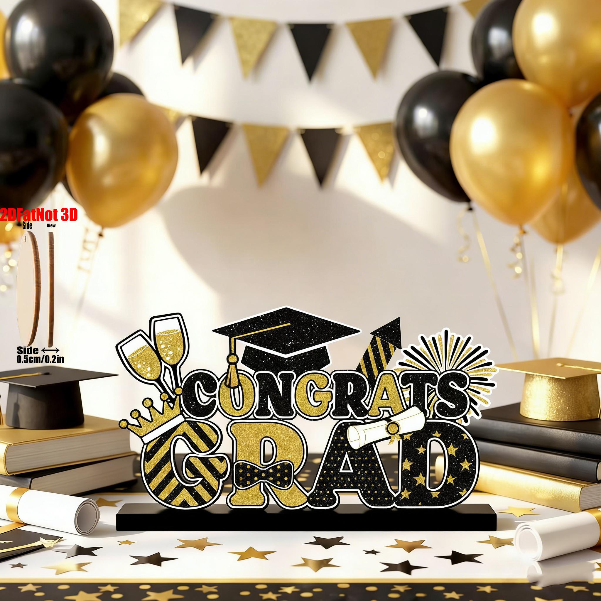 2D Graduation Table Sign, and, Wooden Base, Centerpiece Decor, Suitable for Desk, Fireplace, Party Supplies