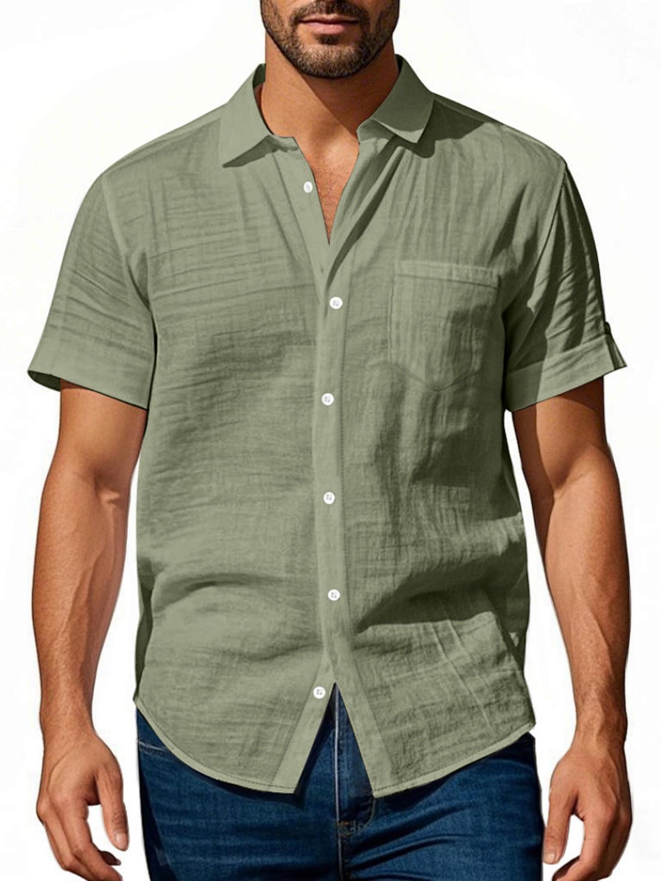 American Style Men's Hawaiian Linen Breathable Henley Neck Casual Short Sleeve Shirt, Summer Fashion, Comfortable and Stylish