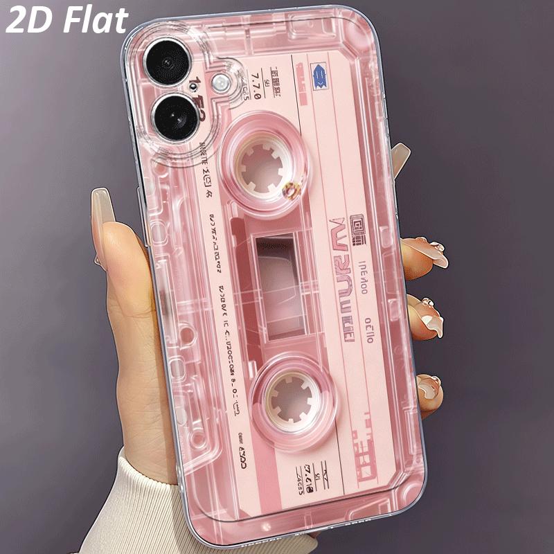 Phone Case: 2D Flat Cassette Tape Pink Transparent Phone Case, Suitable for iPhone 17 Air 16 15 14 13 12 11 Pro Max X XS XR XSMAX 7 8 6 6S Plus 16E, Creative TPU Durable Drop-Proof Transparent Protective Phone Cover, 2D Flat