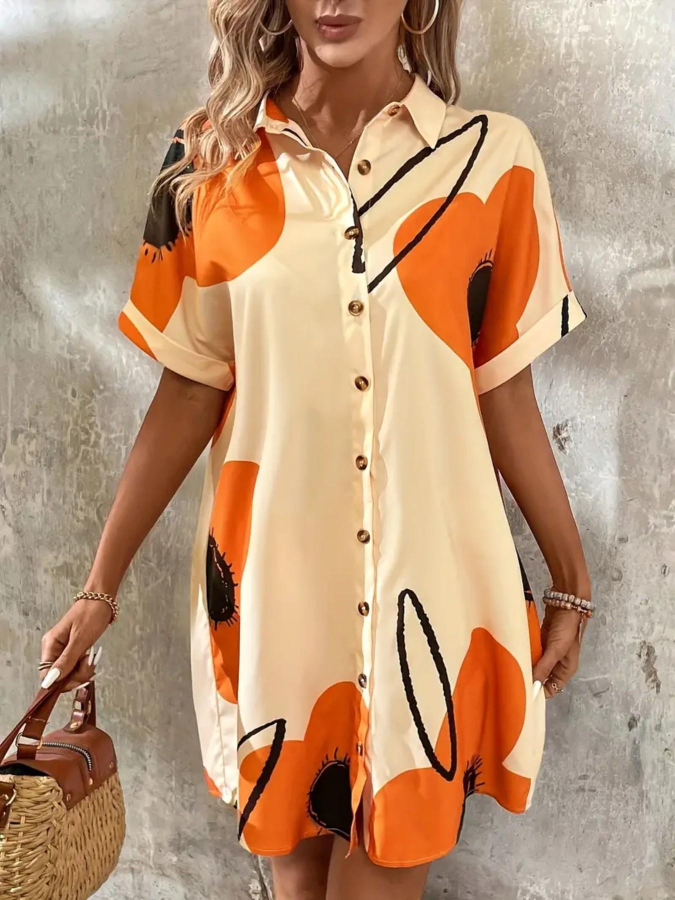 Spring Summer New Print Fashion Casual Women's Short Shirt Dress, Stylish Ladies' Clothing, Perfect for Daily Wear & Button