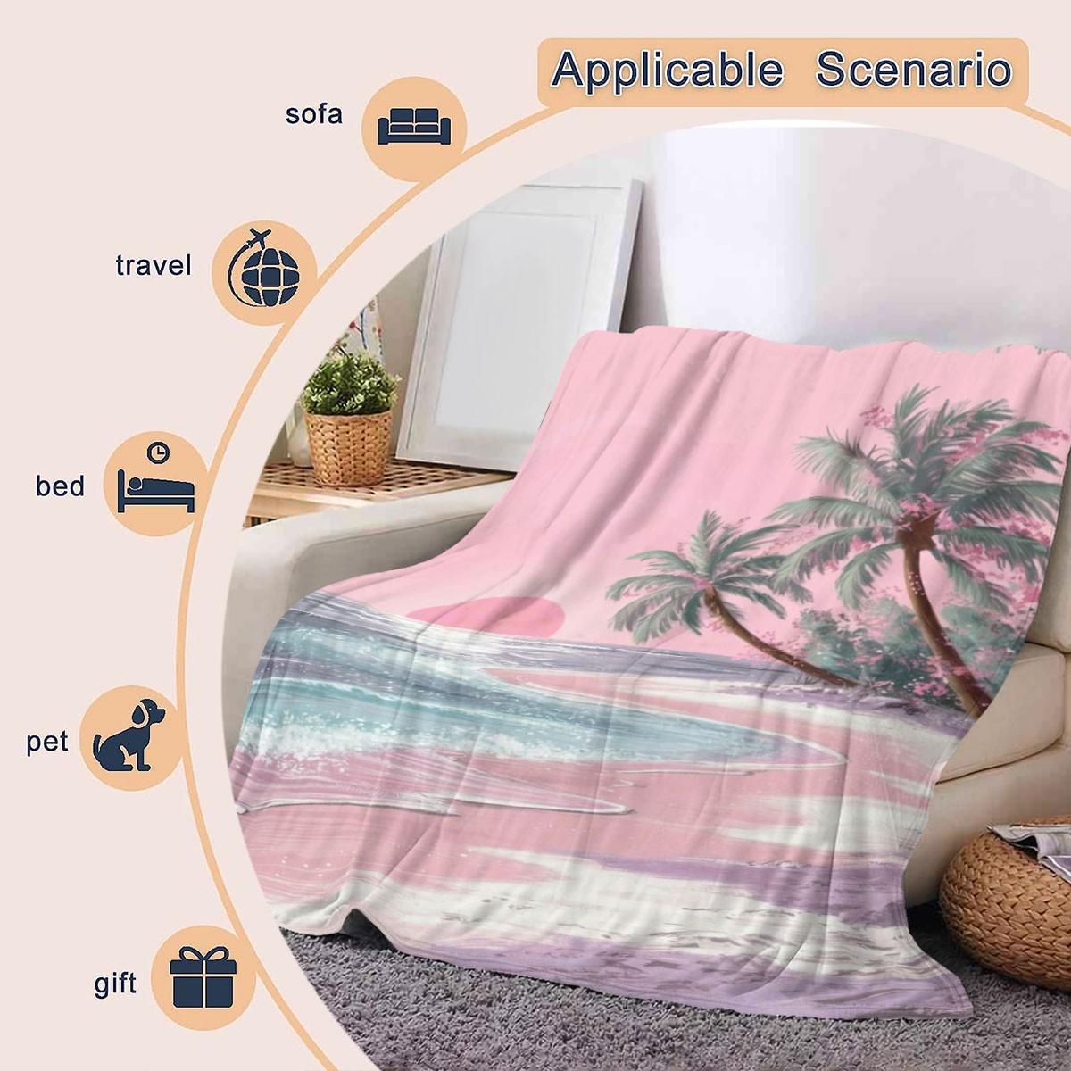 Comfortable Flannel Blanket, Beach Theme Coconut Grove Sunset Pattern, Digital Print, Ideal for Living Room and Camping