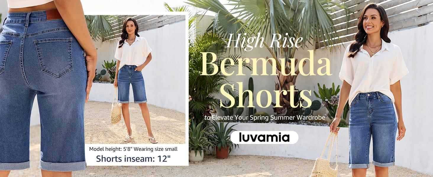 luvamia Bermuda Jean Shorts for Women Knee Length High Waisted Rolled Hem Casual Summer 12'' Inseam Long Denim Shorts