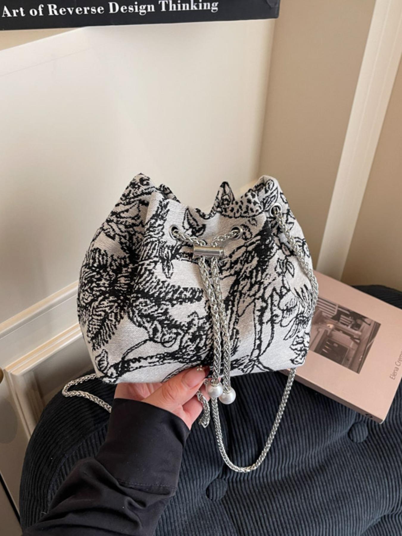 Elegant Floral Print Bucket Bag, Drawstring Design, Fashionable Crossbody Shoulder Bag, High-End Stylish Single Strap Bag