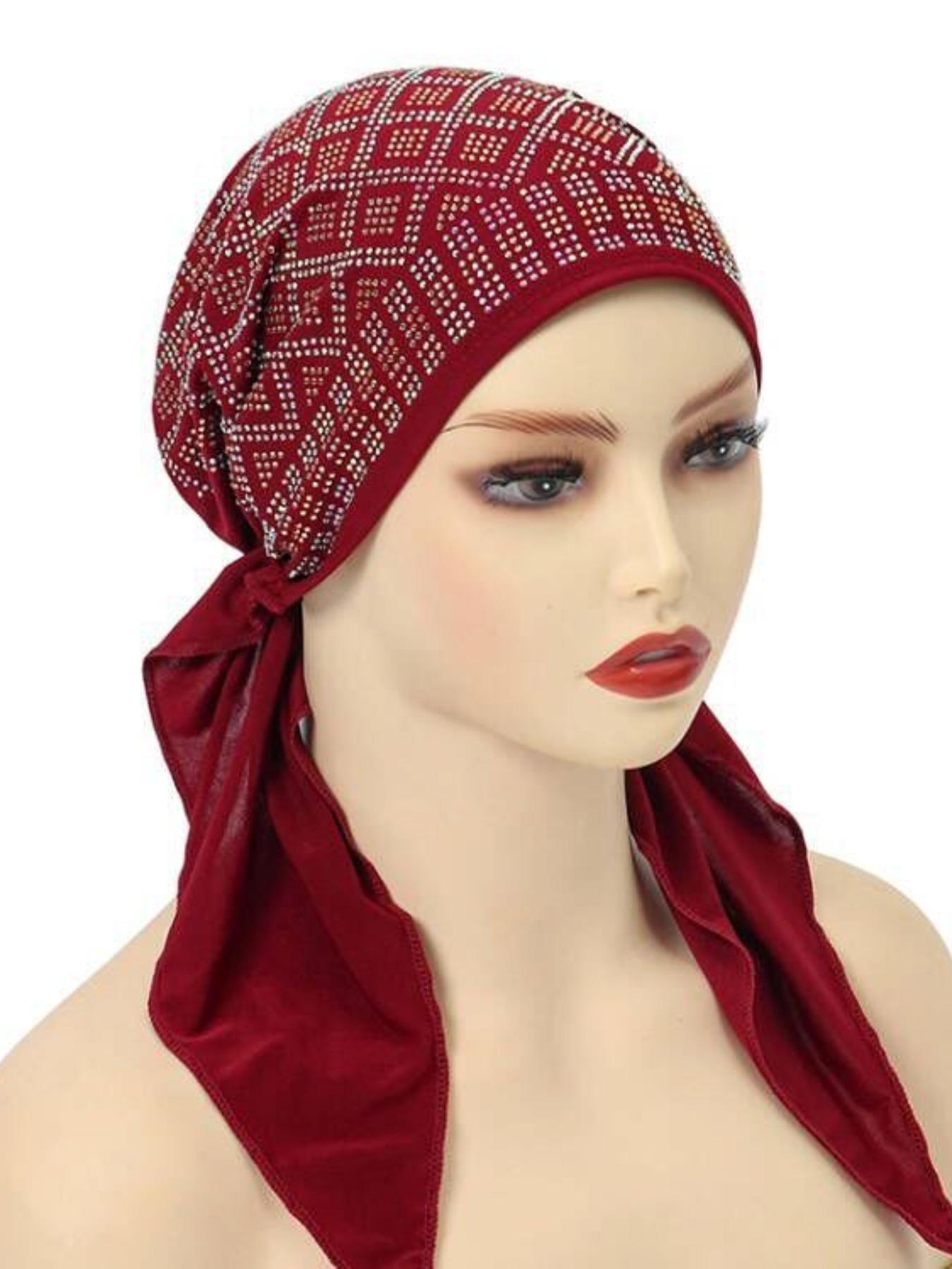 Women's Elastic Turban Hat, Soft Solid Color Diamond Casual Hat, Hijab Headwrap Inner Cap Bonnet, Ideal for Outdoor Use