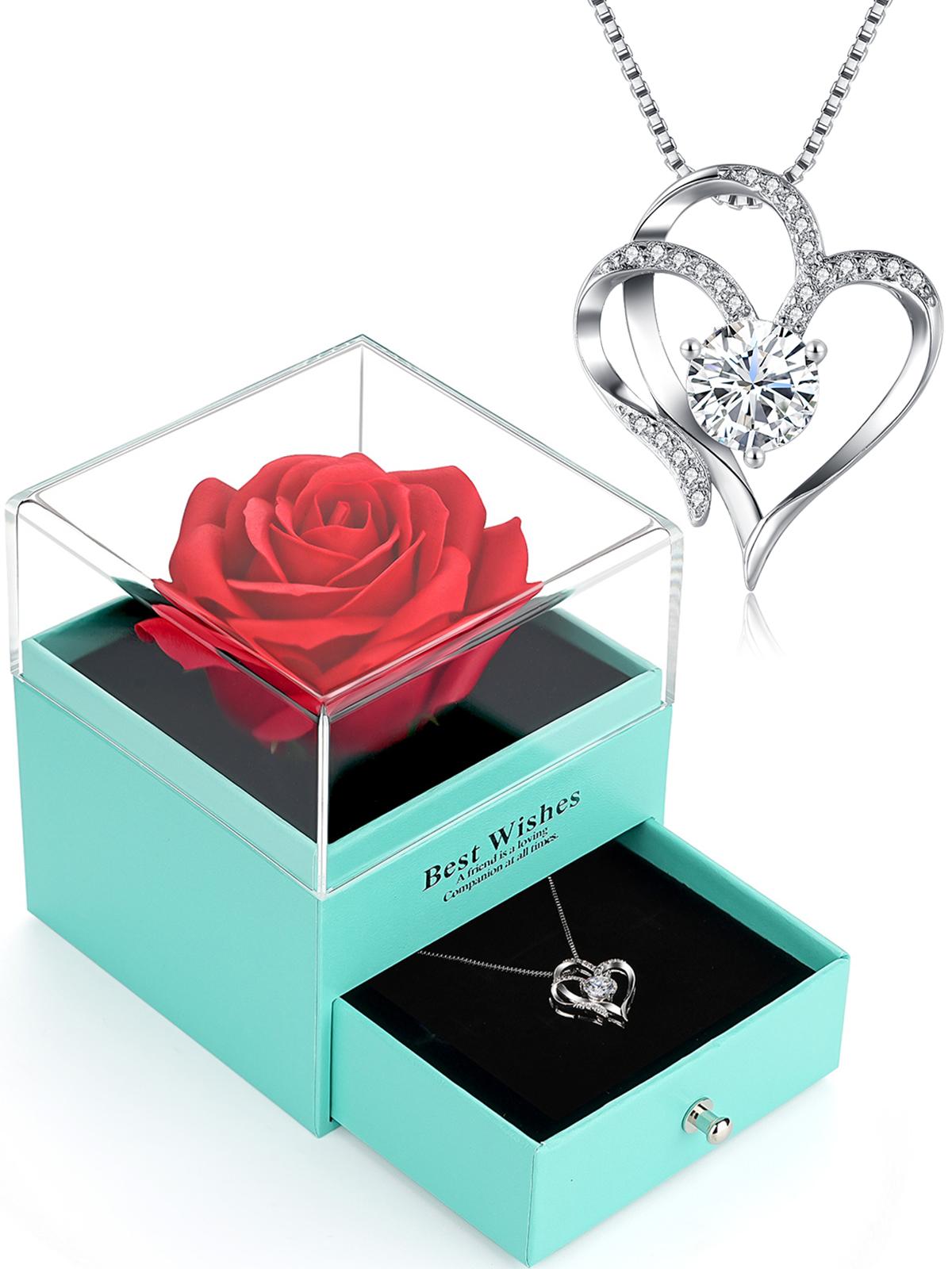 gifts for Women, Preserved Rose with Heart Necklace, gifts for Mom Wife Women Sister Grandma Girlfriend Her, Mothers Day  gifts from Daughter Son Birthday Christmas Valentines Day decorative gift box