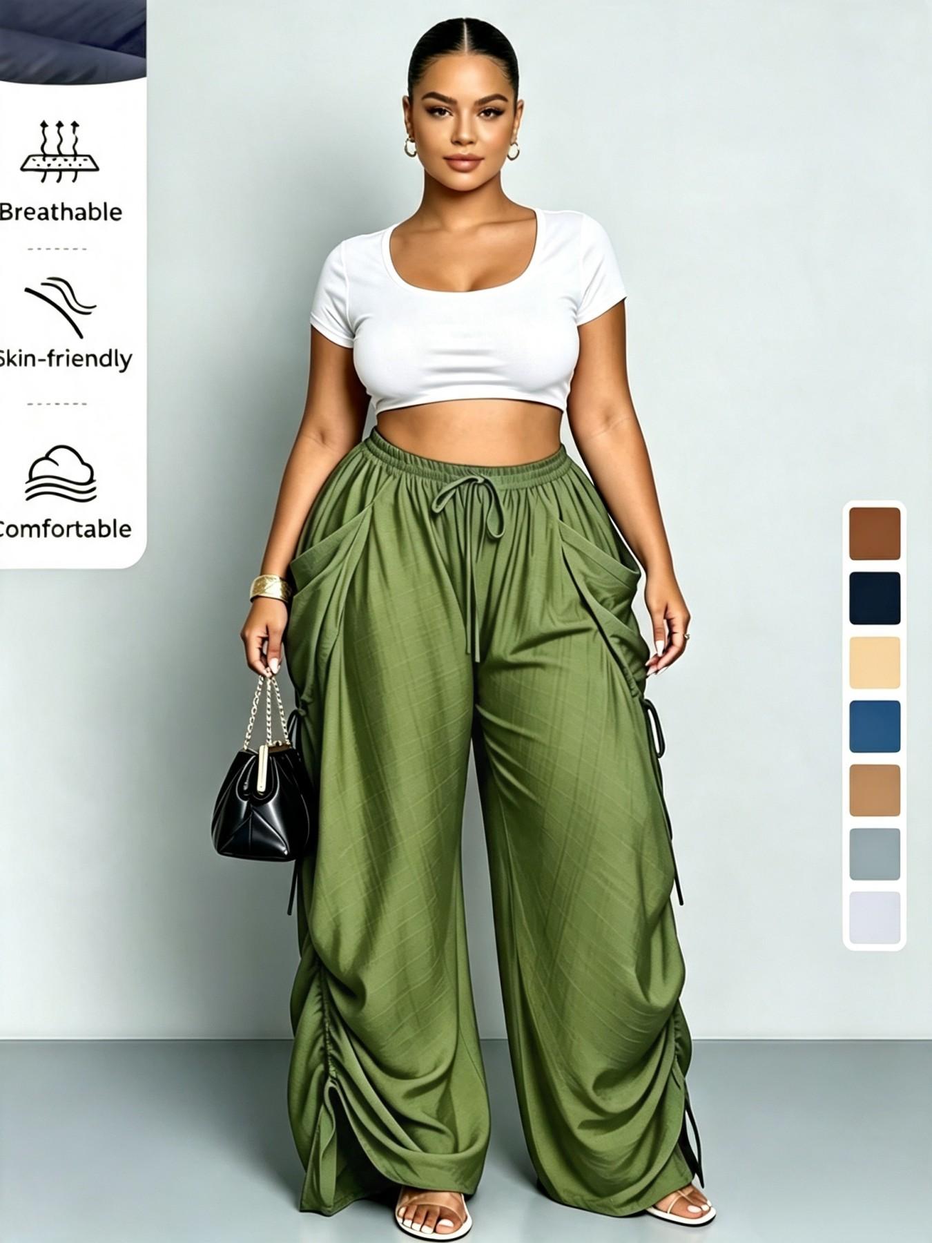 High-Waisted Drawstring Straight-Leg Pants for Women, Casual Comfortable Home Wear, Spring & Fall Fashion, Plain Pattern, Multiple Colors Available
