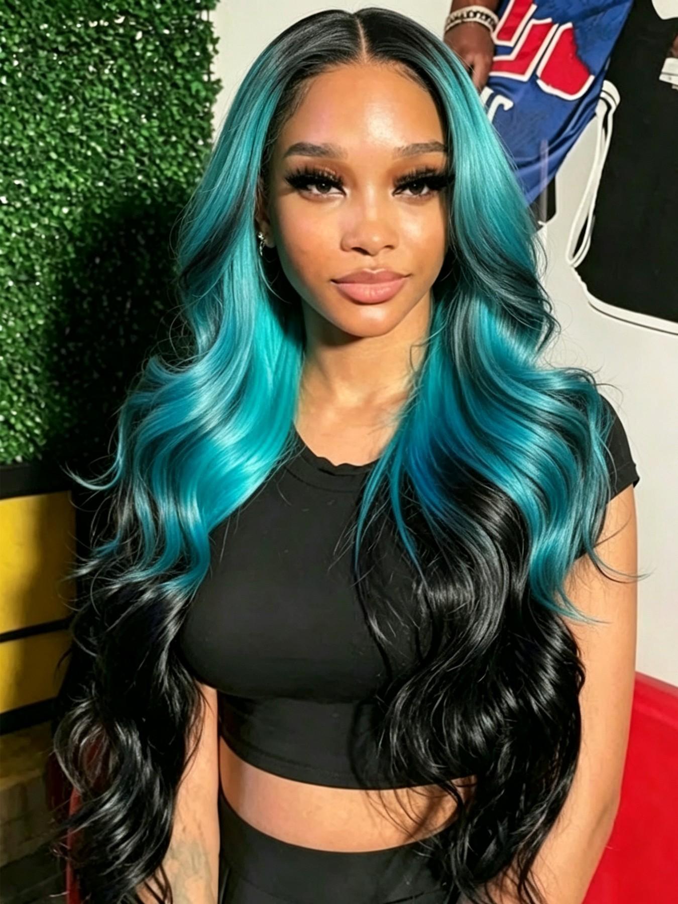 Voluminous Layered Design T-part Wig, Long Body Wave Black To Light Blue Ombre Wig, Fashion Synthetic Hair Wig For Y2K Lovers & Drag Queens, Fit Daily Wear, Themed Party, Cosplay Shooting