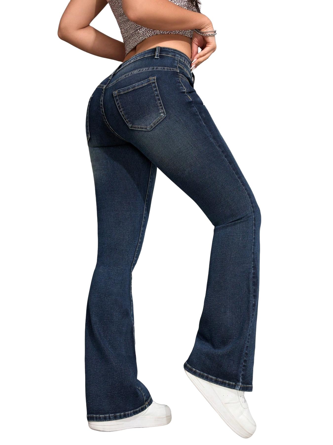 Plus Size Pocket Flare Leg Jeans, Casual Button Fly Bell Bottom Denim Pants, Women's Bottoms Fit for Daily Wear