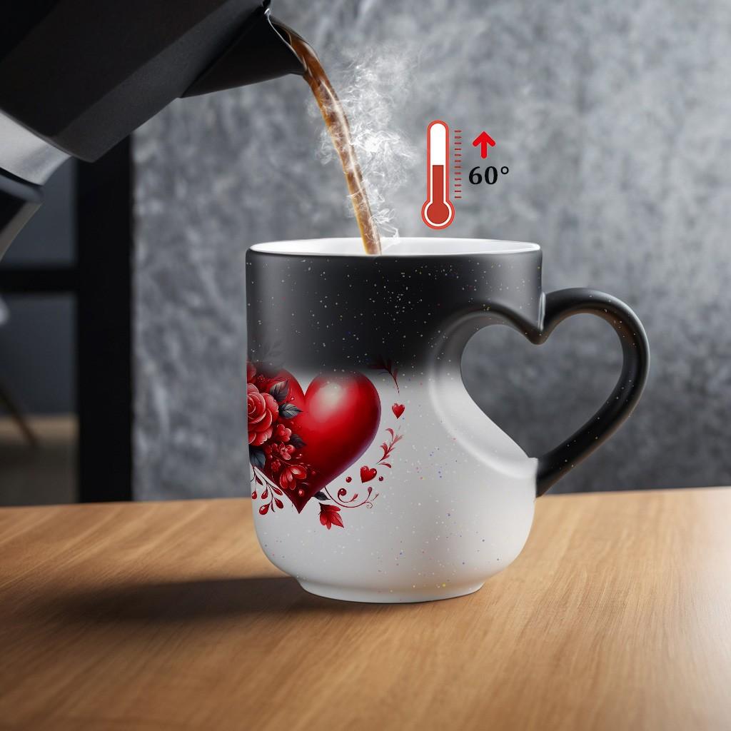 1pc Magical Color Changing Mug with Heart-Shaped Handle, 11oz 325ml Unique Heart Design, Red Heart & Floral Pattern, Heated Gradient Mug Reusable, Perfect for Birthdays, Valentine'S Day, and Mother'S day Gifts