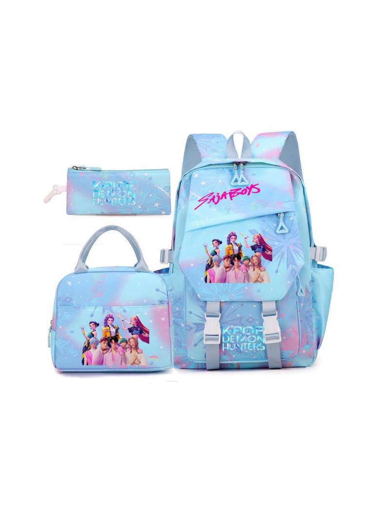 New K-Pop Demon Hunters Cartoon Print Backpack Set, Fashionable Breathable Waterproof Dual-Shoulder Bag, Lightweight Travel Bag for Students, Backpack for School