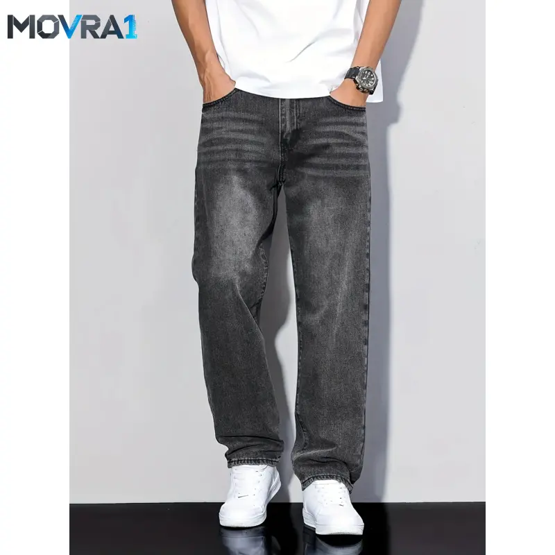 MOVRA1 Men's Snowflake Wash Cotton-Polyester-Rayon Blend Jeans - Casual Loose-Fit Plain Glossy Straight Pants Versatile Seasonal Wear, Menswear Bottoms, Trouser,, Minimalist, Straight Jeans, All-Season Wear, Regular Length, Dry Clean,, Solid, Wo