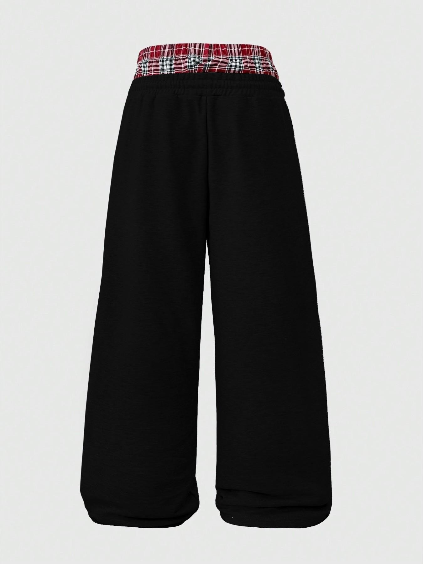 Gothic Angel Cross Print Sweatpants for Men, Double Plaid Waist, Y2K Style Wide Leg Oversized Streetwear Trousers, Trendy Fashion Pants