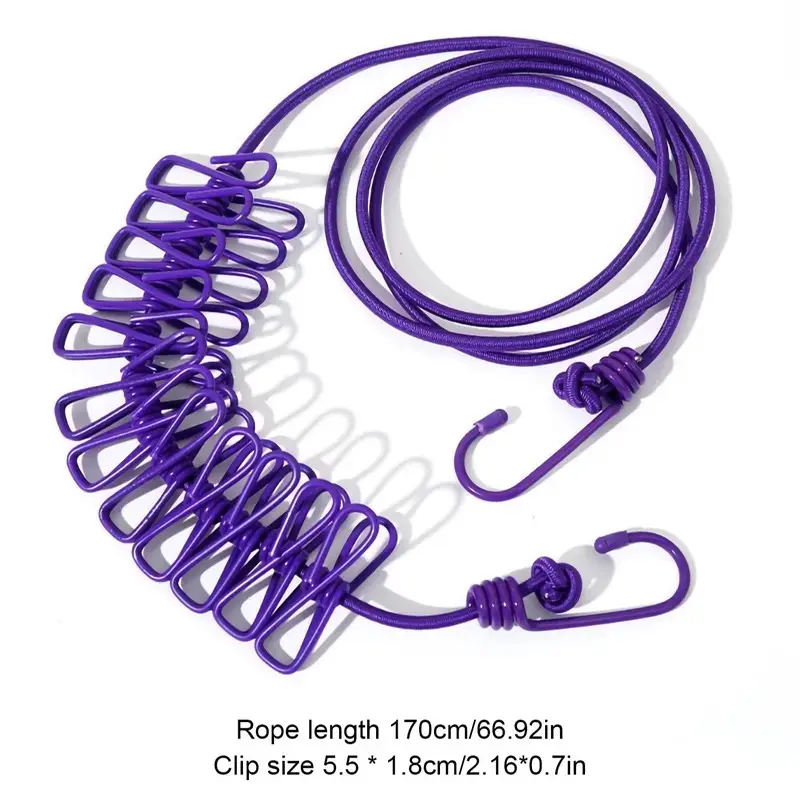 This elastic clothesline with 12 clips is ideal for drying socks, underwear, and other small items. The portable, retractable design makes it perfect for laundry, outdoor use, camping, hotels, and other settings.