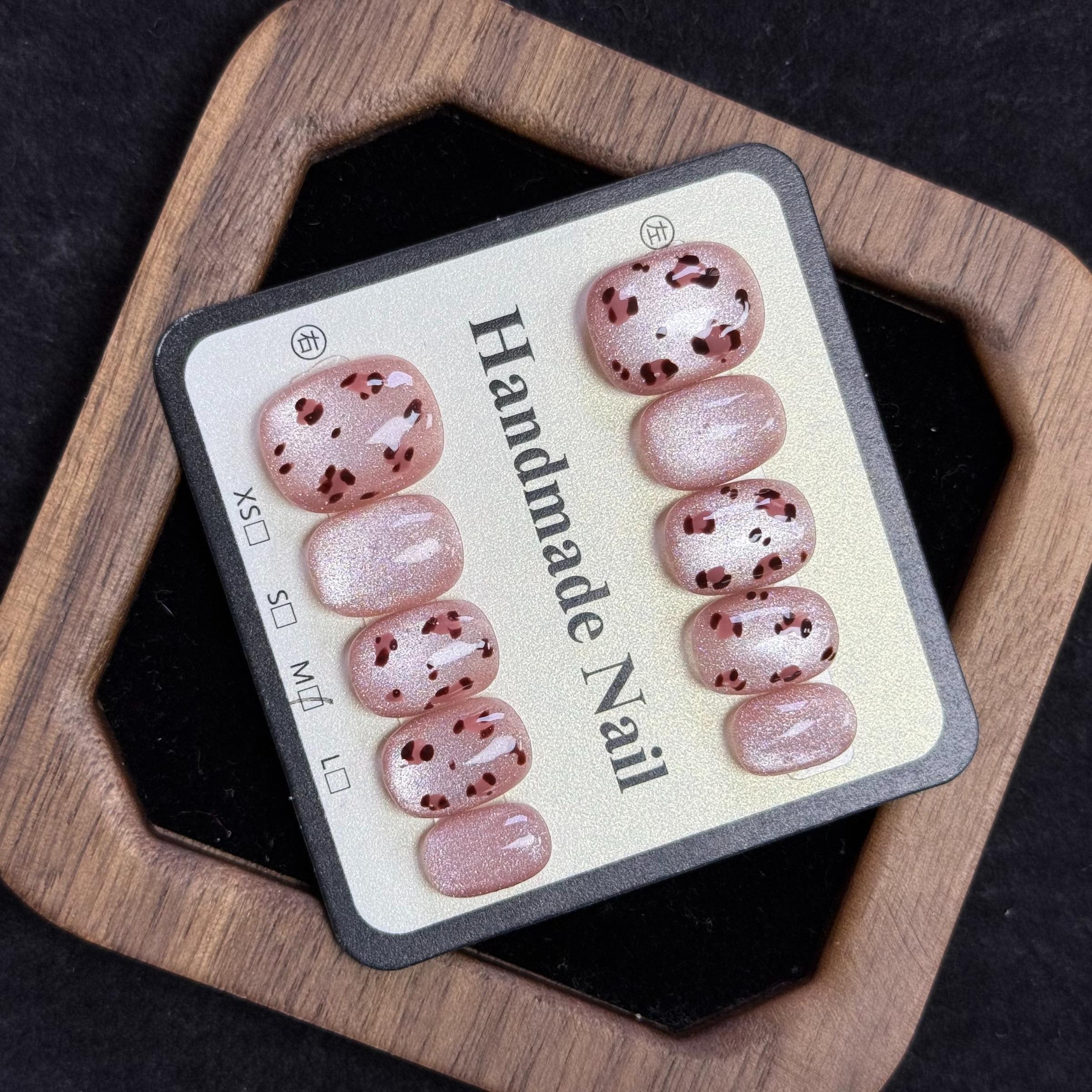 Luxury Nail Freedom! Nude Pink Cat Eye Exquisite Hand-Painted Leopard Print Press On Fake Nails, Reusable, Get Baddie Nails In 5 Mins, No Salon Needed