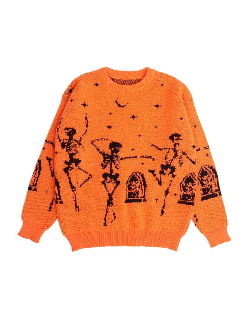 Women's Halloween Skeleton & Star & Moon Print Round Neck Sweater, Casual Long Sleeve Crew Neck Jumper for&nbsp;Fall, Halloween Costumes Woman 2024, Fashion Ladies' Knitwear for Daily Wear