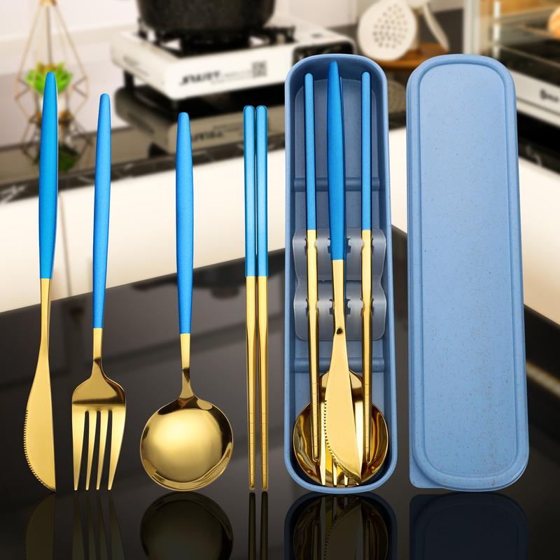 Elegant 4-Piece Gold Stainless Steel Cutlery Set with Storage Box | Reusable Portable Utensils for Travel Camping Office Home | Luxury Household Tableware Gift Set