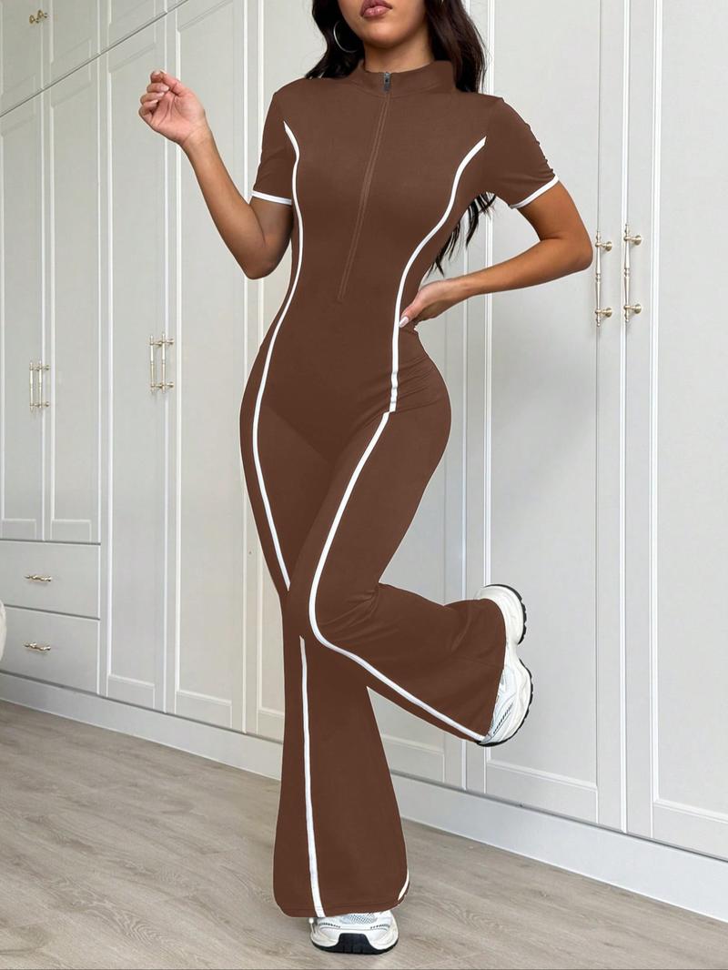 Women's Colorblock Zipper Fall Winter Fleece Lined Knit Yoga Jumpsuit, Long Sleeve Slim Fit Casual Fashion Clothes