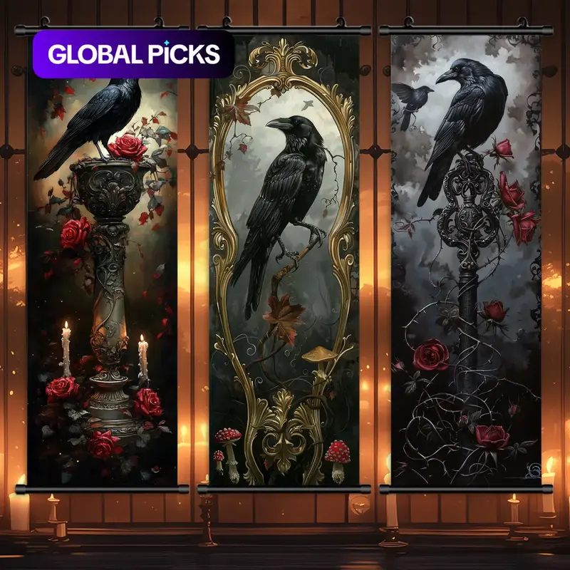 Wall Hanging Banner, 3 Counts/set Scary Crow Pattern Wall Decorative Scroll Painting, Creative Festive Decorations, Wall Hanging Backdrop, Spooky Banner #GLOBAL PICKS
